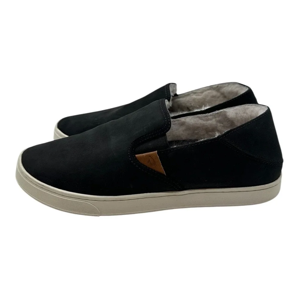 OluKai‎ Pehuea Heu Shearling Slip On Shoes Womens 10 Black Lava Leather Sneakers